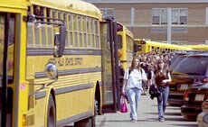 Typical school bus unloading scene